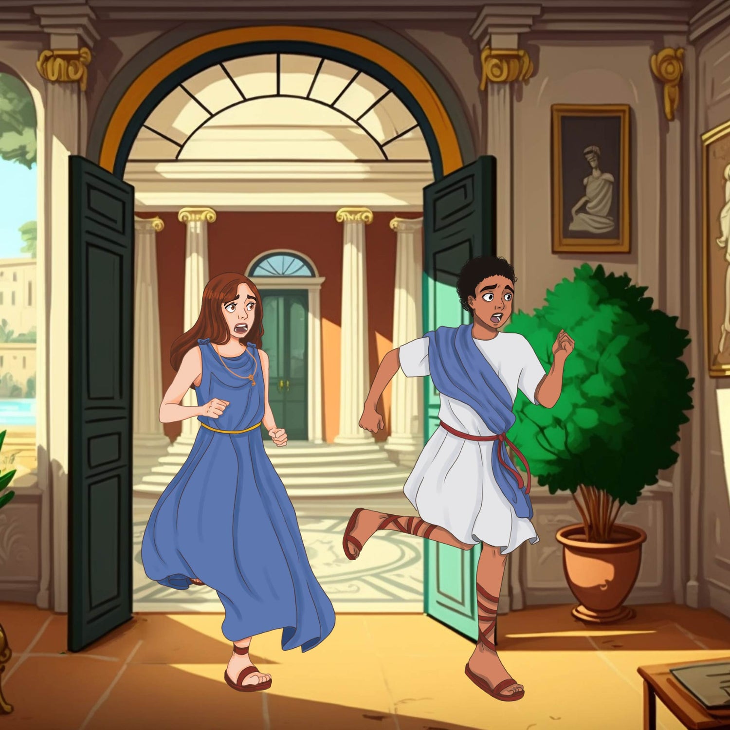 Aria & Liam running in their adventure "Enigma in Rome"