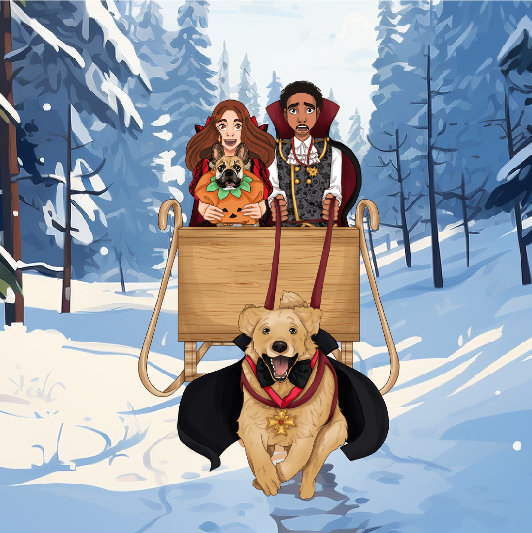 Aria, Liam, Pingo and Pippa on a sled during the Magic Chalice