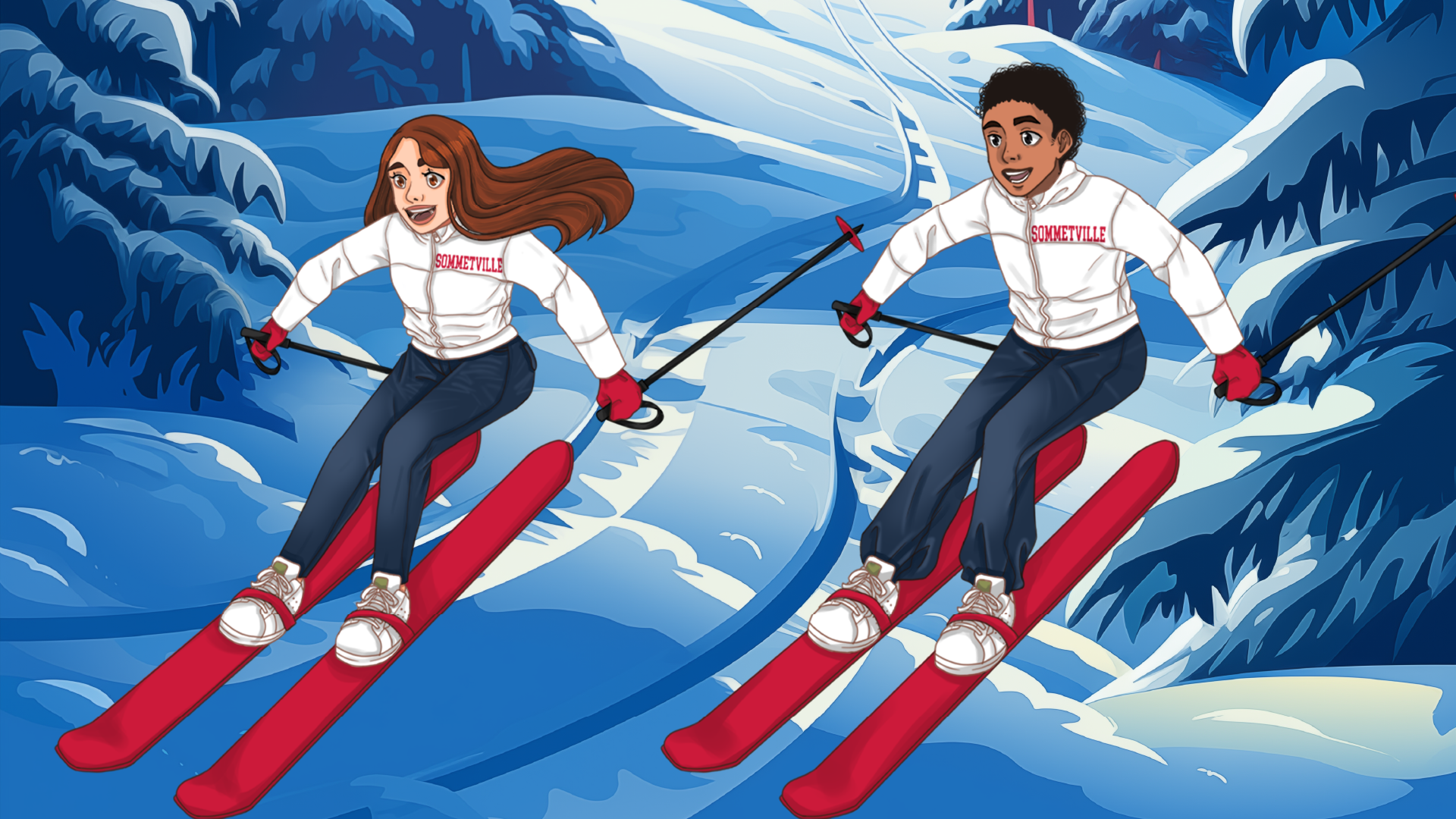 Aria, Liam skiing in The middle-grade book The Christmas Great Rescue