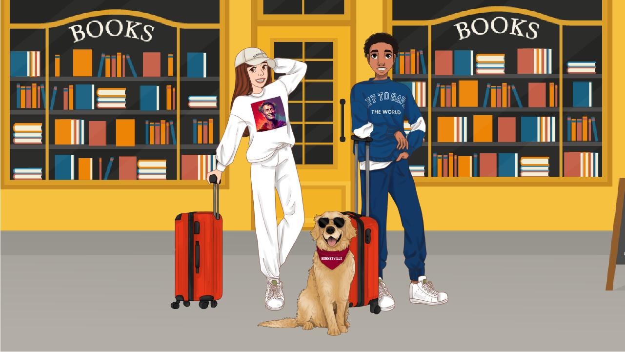 Aria and Liam with Pingo standing in front of bookshelves in a library setting.