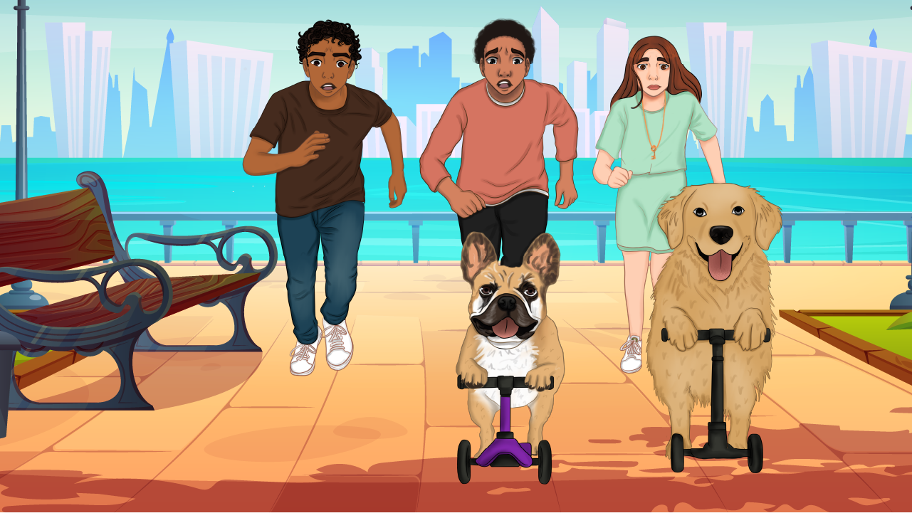 Aria and Liam chasing Pingo and Pippa riding scooters on a boardwalk with a cityscape background.