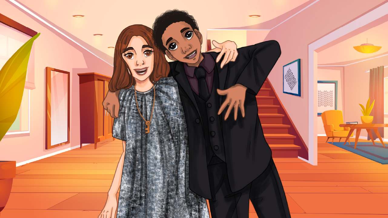 Aria and Liam in a living room.