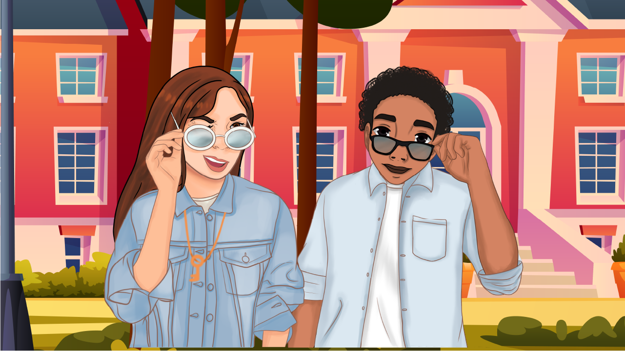 Aria and Liam wearing sunglasses with a colorful building in the background