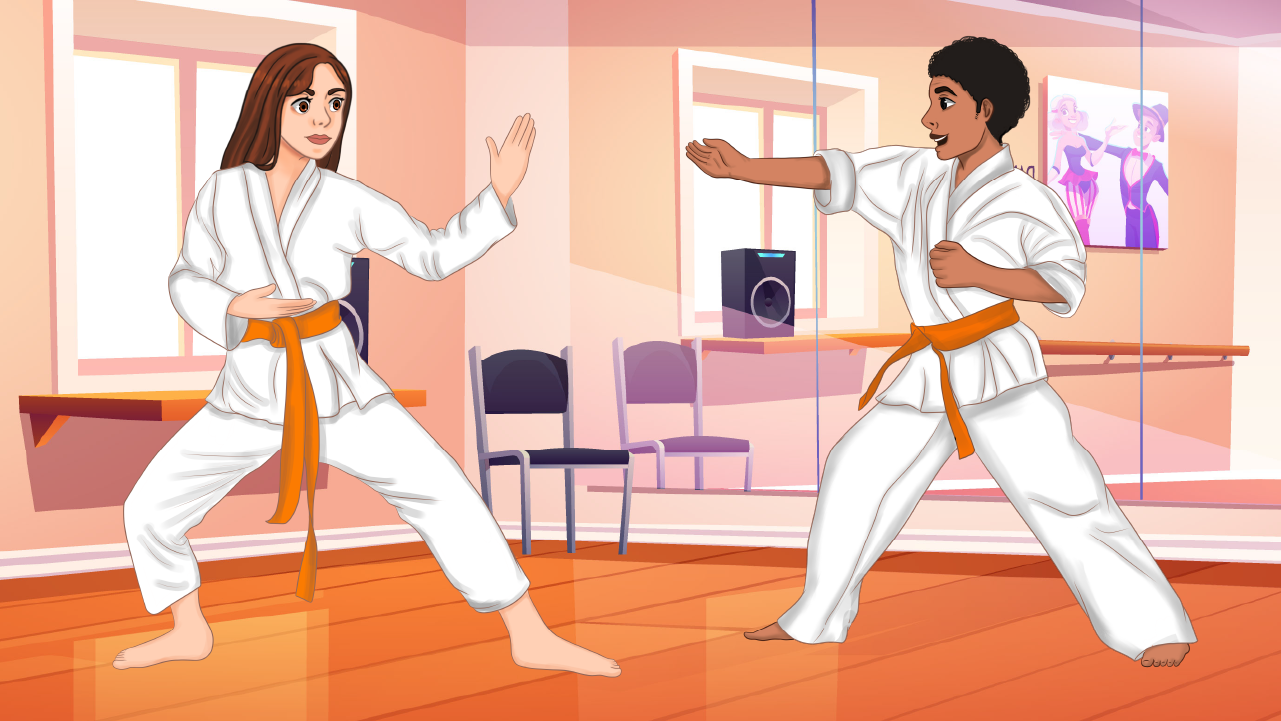 Aria and Liam in a dojo practicing martial arts.