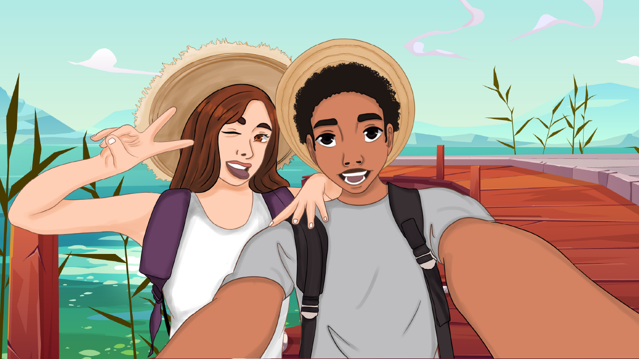 Aria and Liam taking a selfie with a scenic background