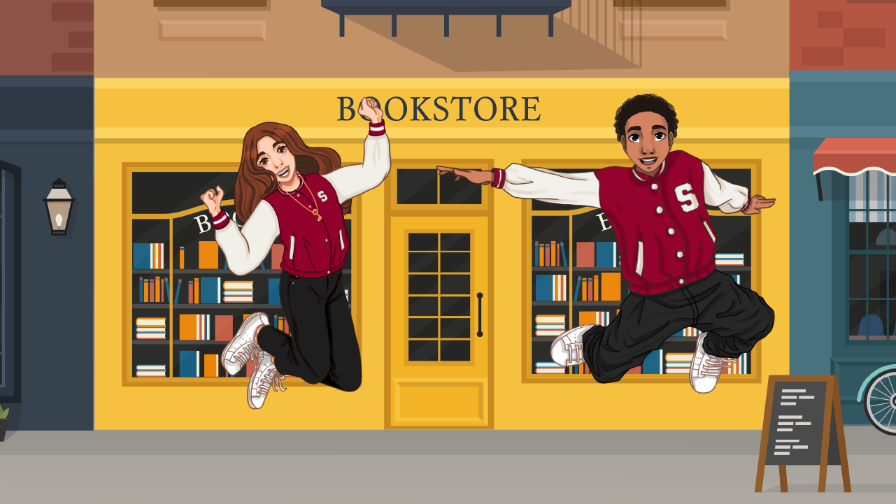 Aria and Liam jumping in front of a yellow bookstore.