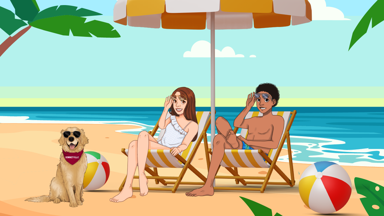 Aria and Liam sitting on beach chairs with PINGO and beach ball, under a colorful umbrella.