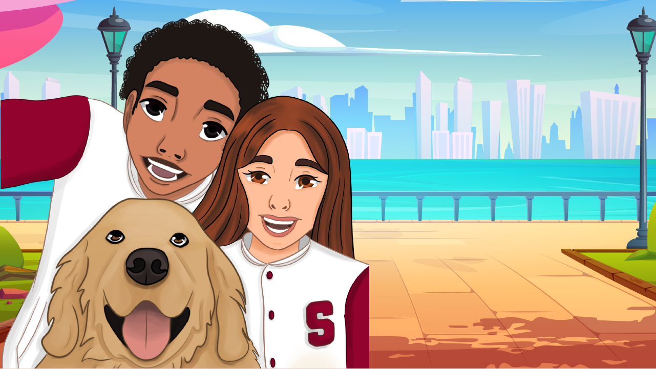 Aria and Liam with Pingo in a cityscape setting