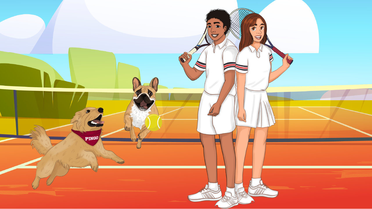 Aria and Liam with tennis rackets on a tennis court with Pingo and Pippa.