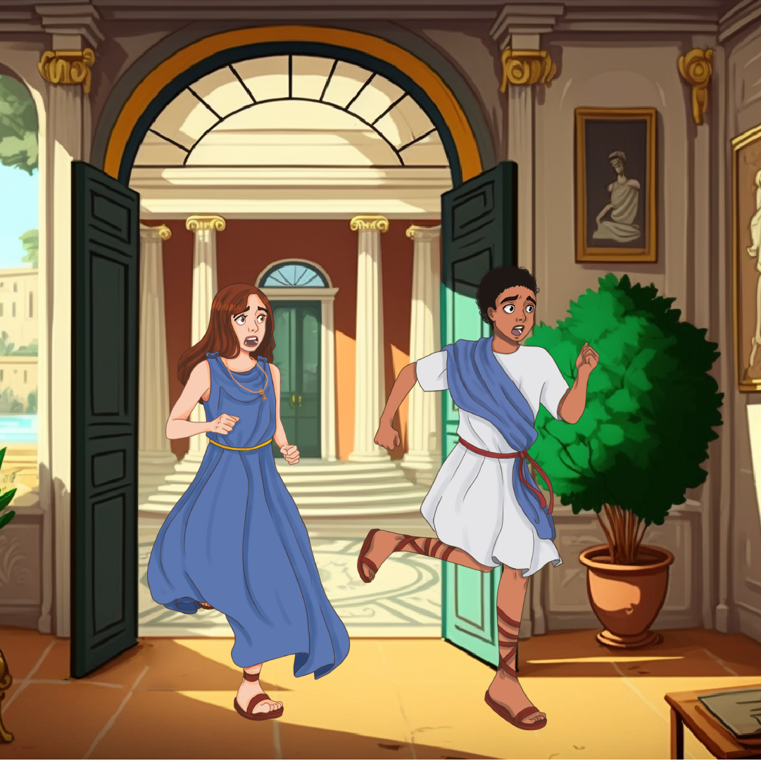 Aria & Liam running in their adventure "Enigma in Rome"