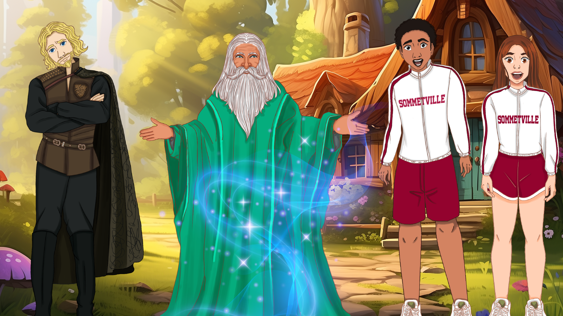 Aria, Liam, Arthur and Merlin doing magic in Aria & Liam: The Druids' Secret