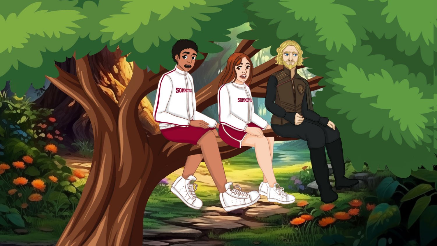 Aria, Liam and Arthur perched on a tree in Aria & Liam: The Druids' Secret