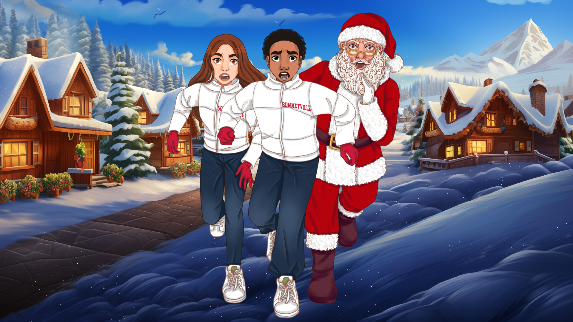 Aria, Liam and Santa Claus running in The middle-grade book The Christmas Great Rescue